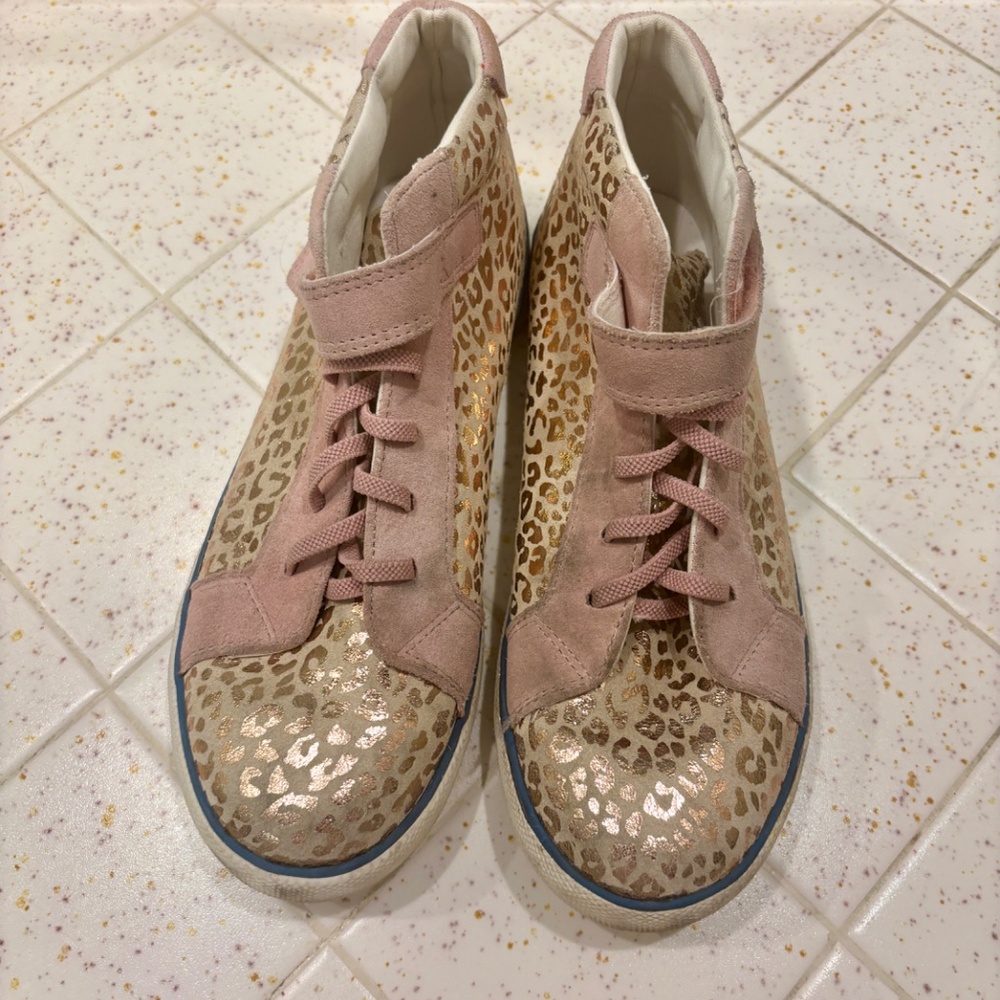 Mini Boden Elasticized Lace High Top Pink Leopard Print Leather Suede Sz 39/8
